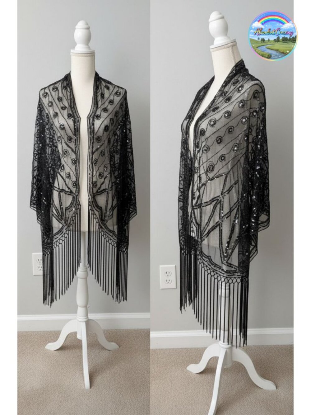 1920s Sequin Flapper Shawl Fringed Tulle Scarf Evening Cape